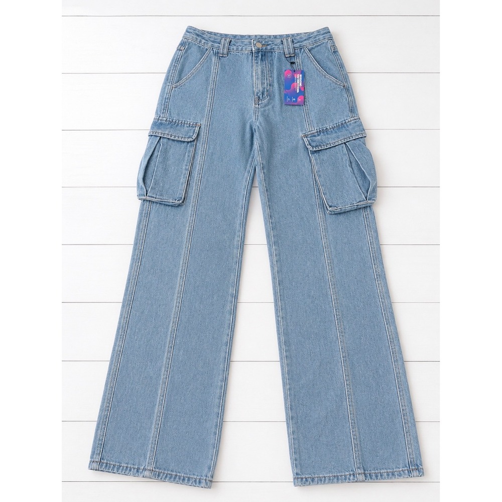Emmiol Womens Light‎ Wash Cargo Wide Leg Jeans Blue Denim Size L NWT
